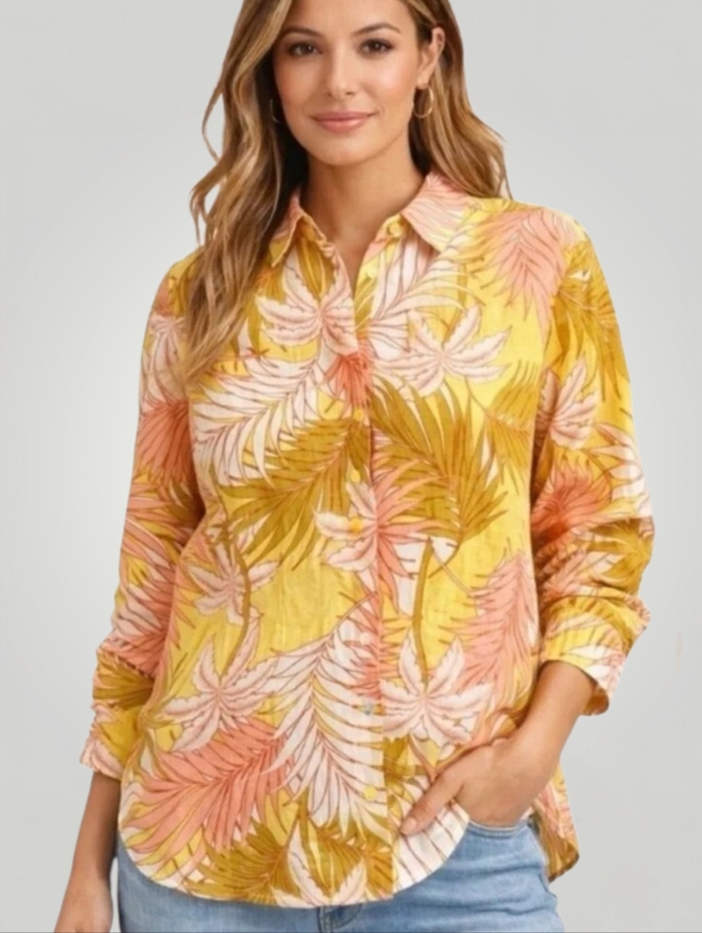Tahari 100% Linen Palm Print Blouse Small Yellow Coral Tropical Button Down New